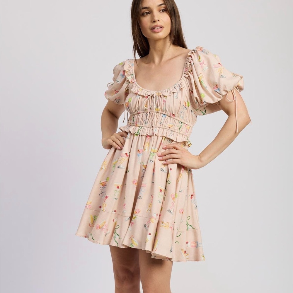 NWT En Saison Mia Linen Blend Puff Sleeve Mini Dress Medium Cottagecore‎